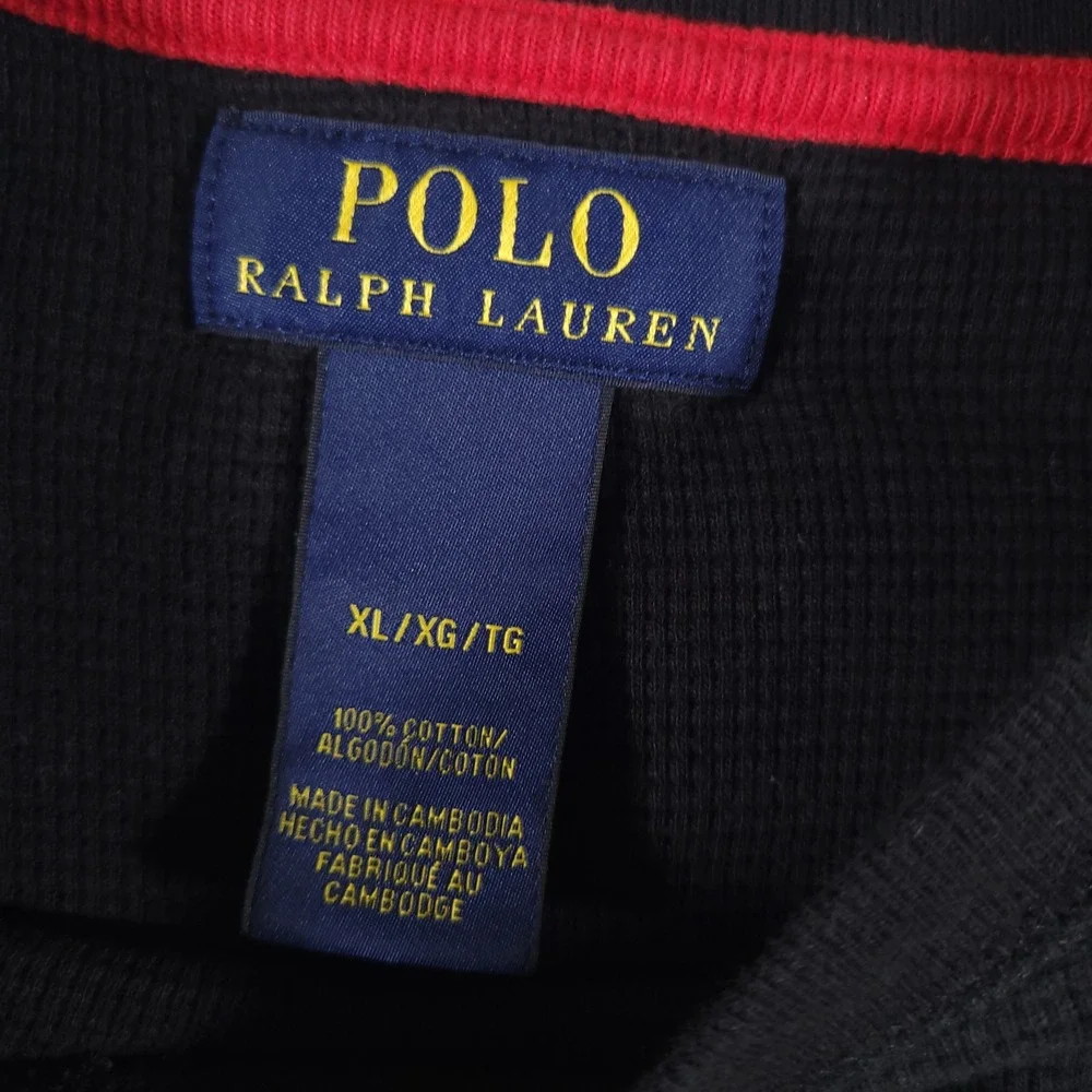 Polo Ralph Lauren Shirt Mens XL Black Red Pony Waffle Knit‎ Crewneck Long Sleeve